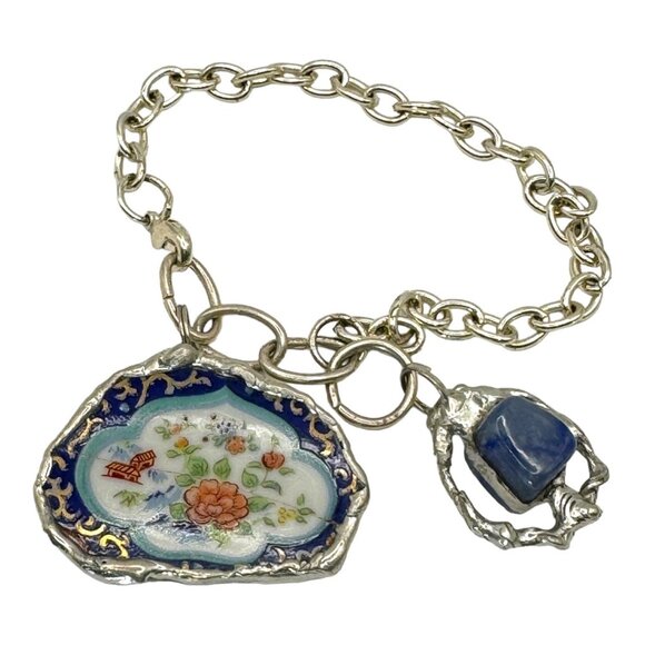 Broken China & Sodalite Charm Bracelet with Artisan Silver-Blend Boho Metalwork - Picture 11 of 15